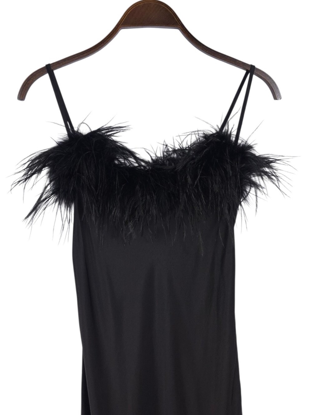 Sleeper Boheme Satin Midi Slip Dress Black Ostrich Feather Trim - Picture 6 of 12